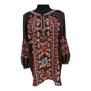 Johnny Was Workshop Womens Blouse Size Small Brown Embroidery Talline Tie Back